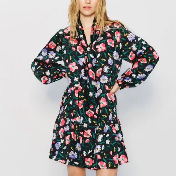 Kate Spade Black Floral Babydoll Mini Dress MEDIUM Bow Work Preppy Designer $300 - Picture 1 of 12